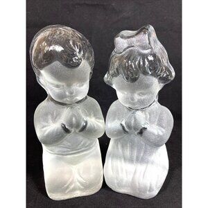 Viking Glass Praying Boy Girl Pair Hand Made Clear Frosted Paperweight Bookends